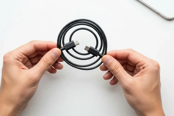Tangan sedang menggulung kabel charger HP dengan benar (loose coil)