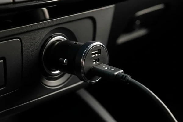 Car charger HP dicolokkan ke soket lighter mobil.