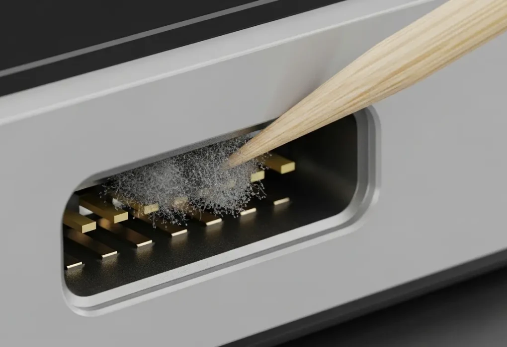 Soket charger HP kotor yang sedang dibersihkan dengan tusuk gigi.