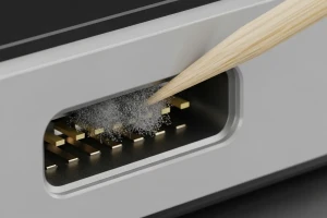 Soket charger HP kotor yang sedang dibersihkan dengan tusuk gigi.