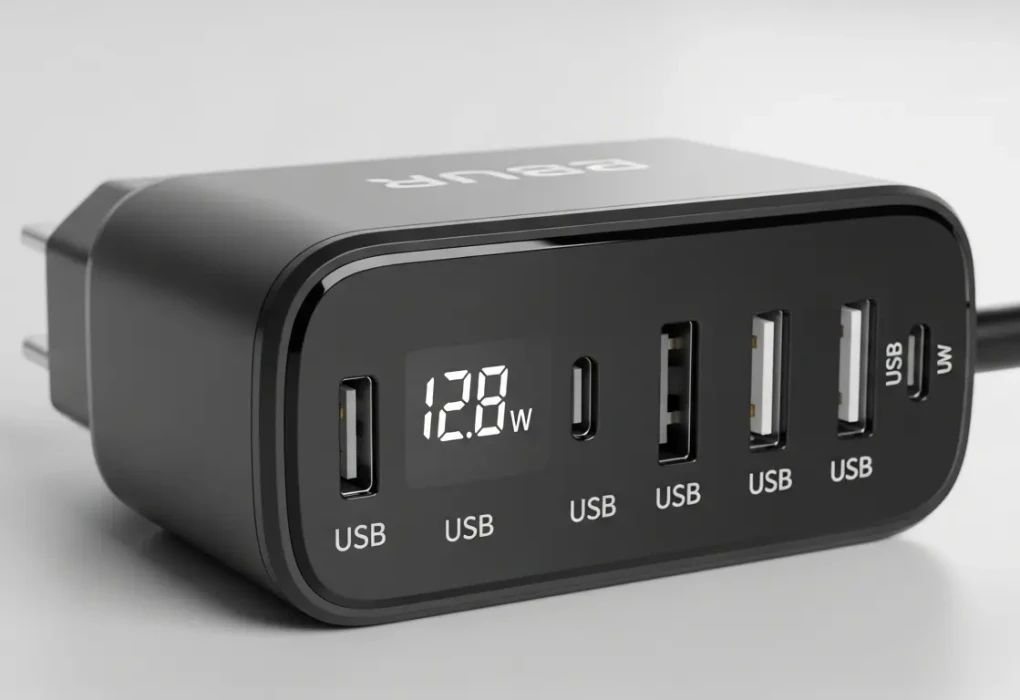 Adaptor charger HP dengan berbagai port dan indikator watt.