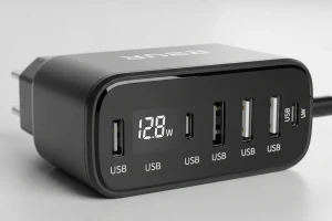 Adaptor charger HP dengan berbagai port dan indikator watt.