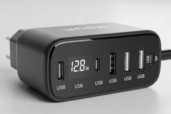 Adaptor charger HP dengan berbagai port dan indikator watt.