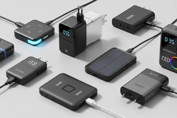 Ilustrasi berbagai tipe charger HP modern di tahun 2025.